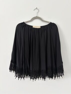 Stone Cold Fox Black Silk Crochet Lace Trim Oversized Boho Blouse L